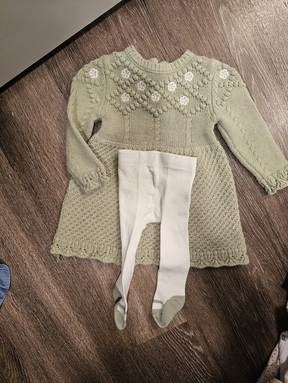 Baby Sage Green Knit Sweater with Floral Accents